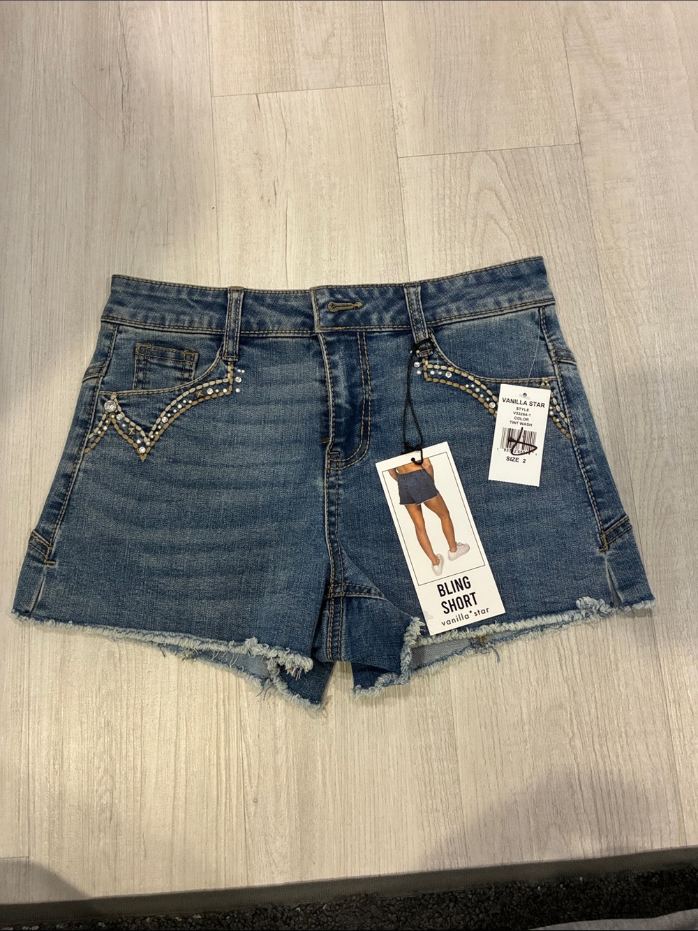 Vanilla Star Blue Denim Rhinestone Trim Frayed Hem Shorts